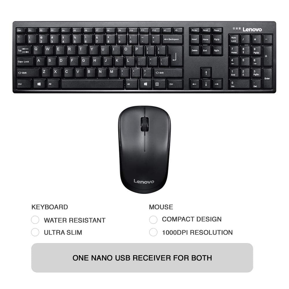 Keyboard All Types - Lenovo 100 Wireless Keyboard & Mouse Combo, Ambidextrous 1000 DPI Mouse Optical Sensor, Ultra slim water resistant
